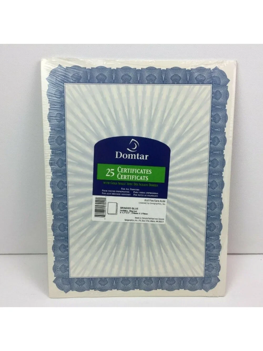 Domtar 25 8.5x11 Blank Certificates Gold Seal Stickers Braided Blue Printed